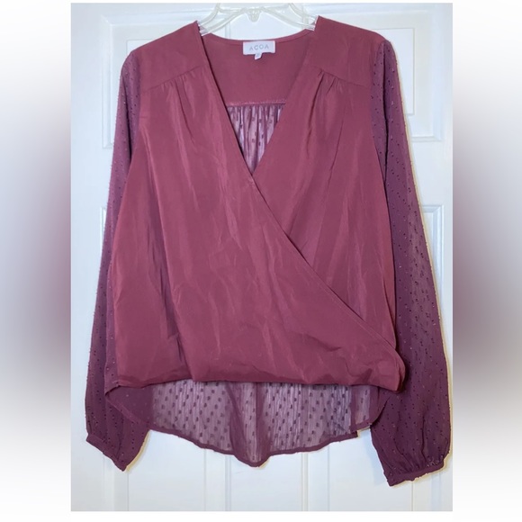 ACOA Solid Burgundy Polyester V-Neck Long Sleeve Blouse Size Medium - Picture 1 of 5